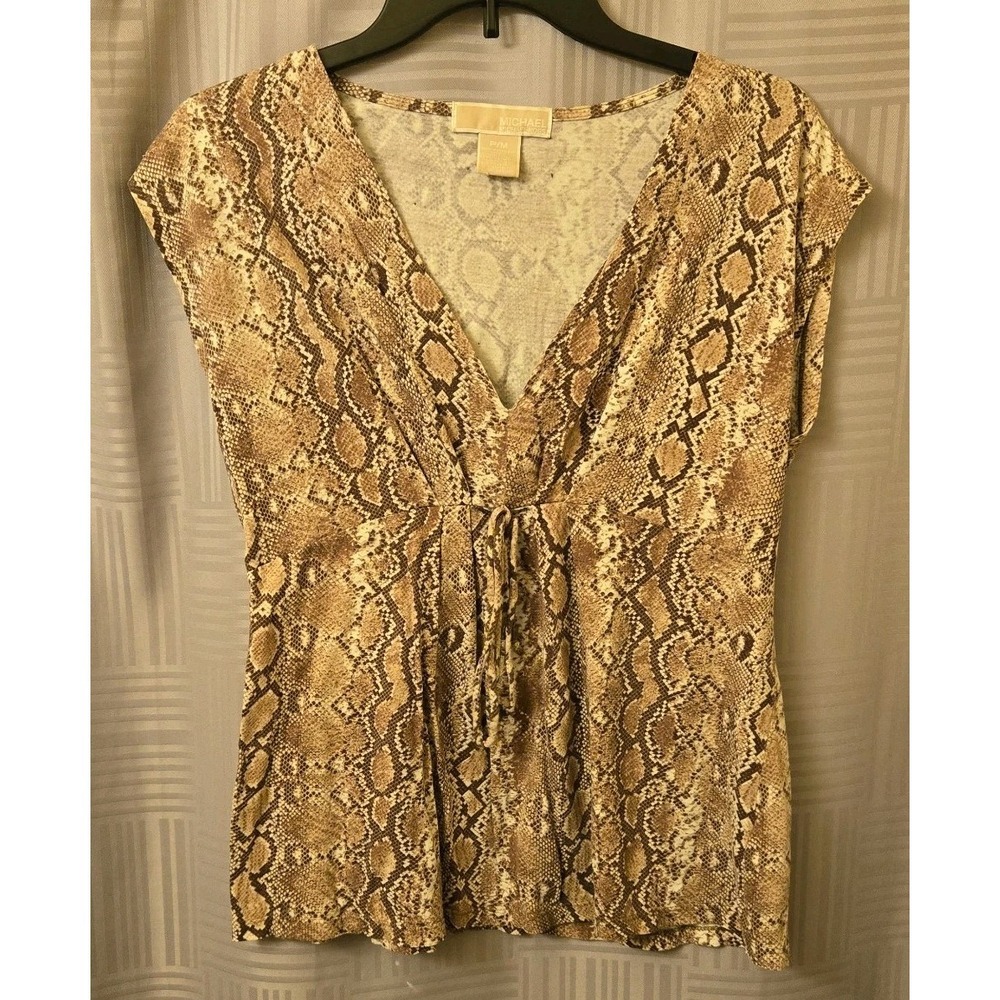Michael Kors Women Snakeskin Print Short Sleeve VNeck Blouse Multicolor Size P/M